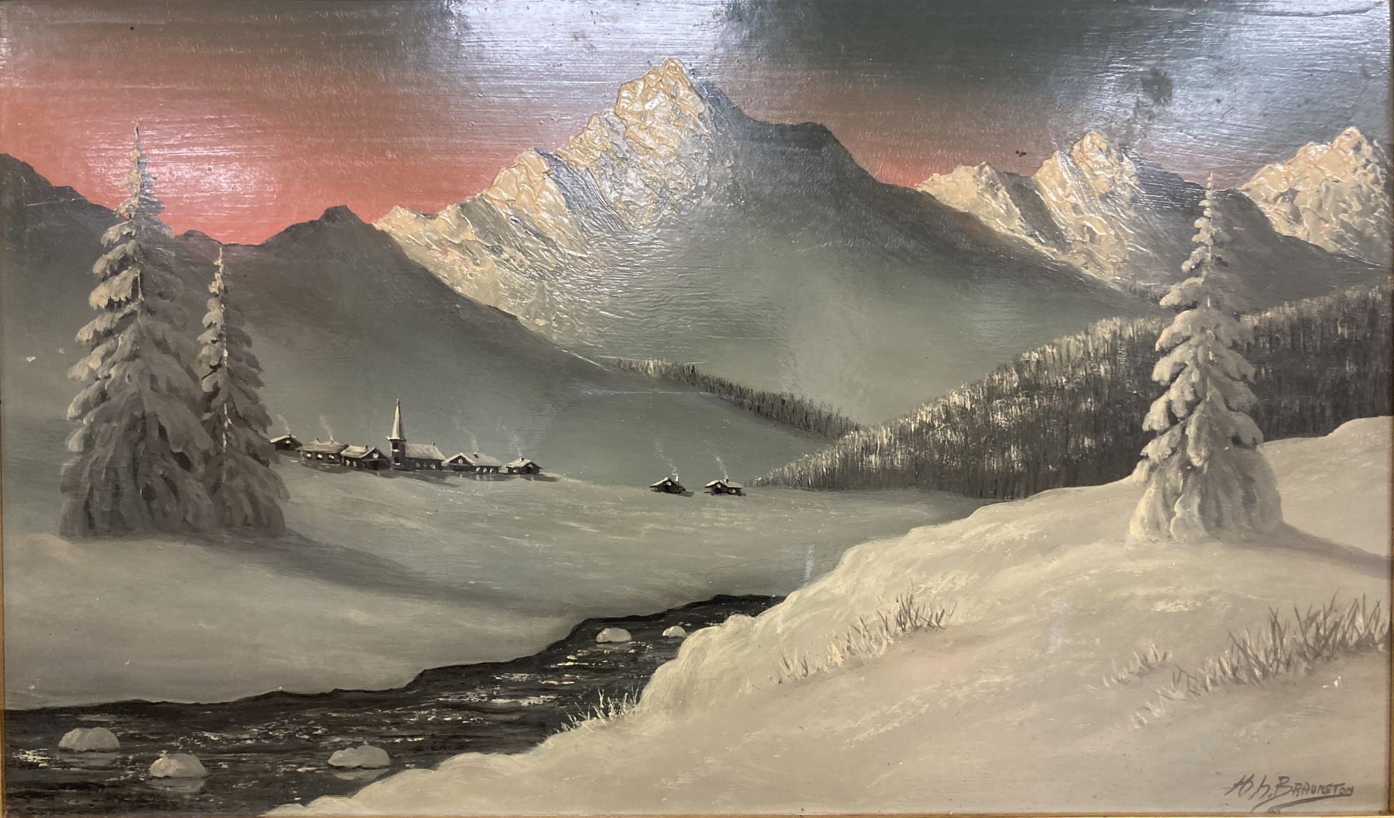 H.H. Braunston, oil on board, Alpine landscape, signed, 44 x 75cm